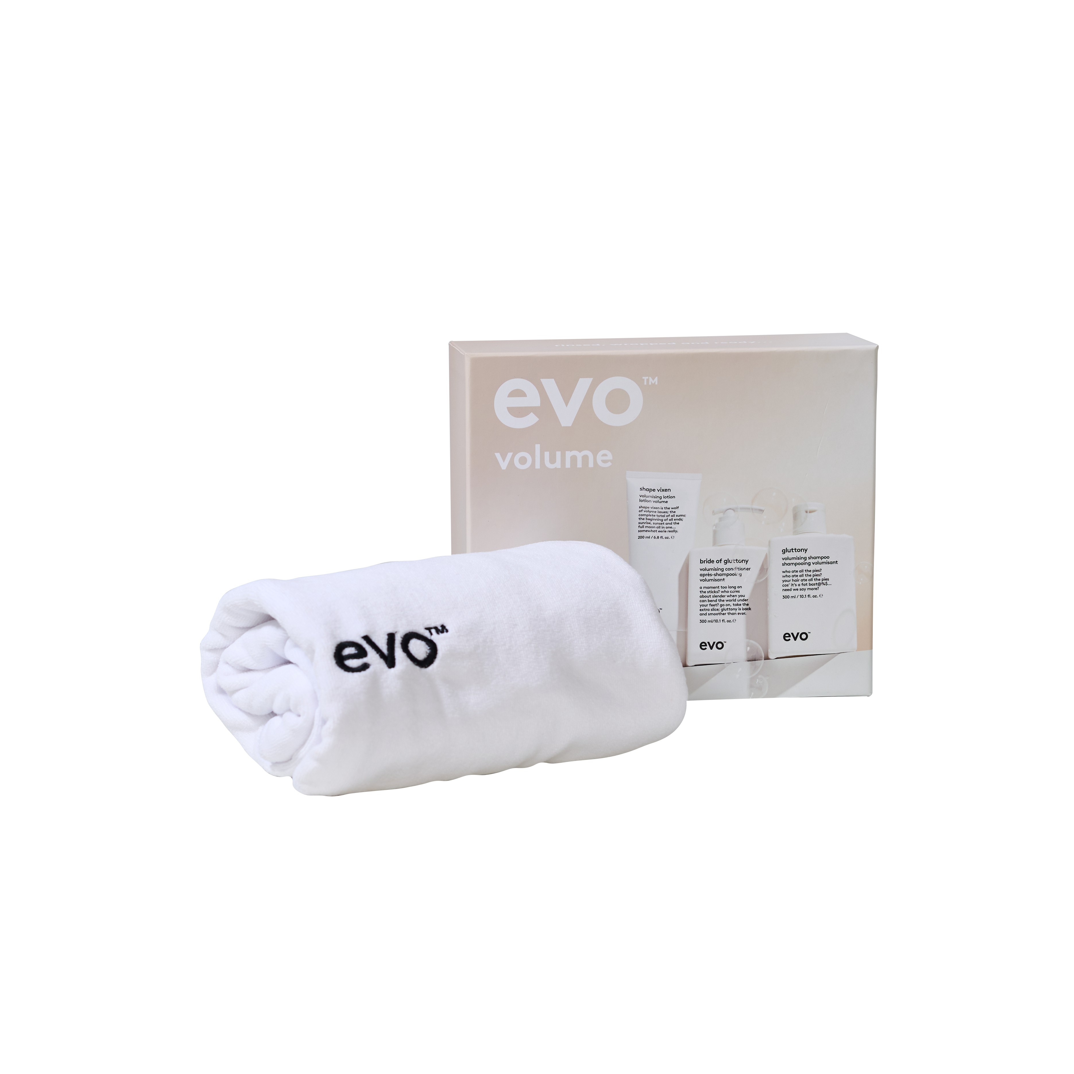 evo underwraps volume: gluttony šampūnas + kondicionierius + shape vixen apimties losjonas + plaukų rankšluostis