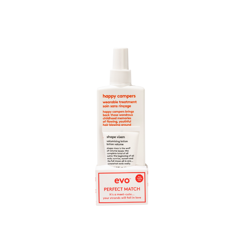 evo perfect match: happy campers fluīds + mini shape vixen losjons apjomam