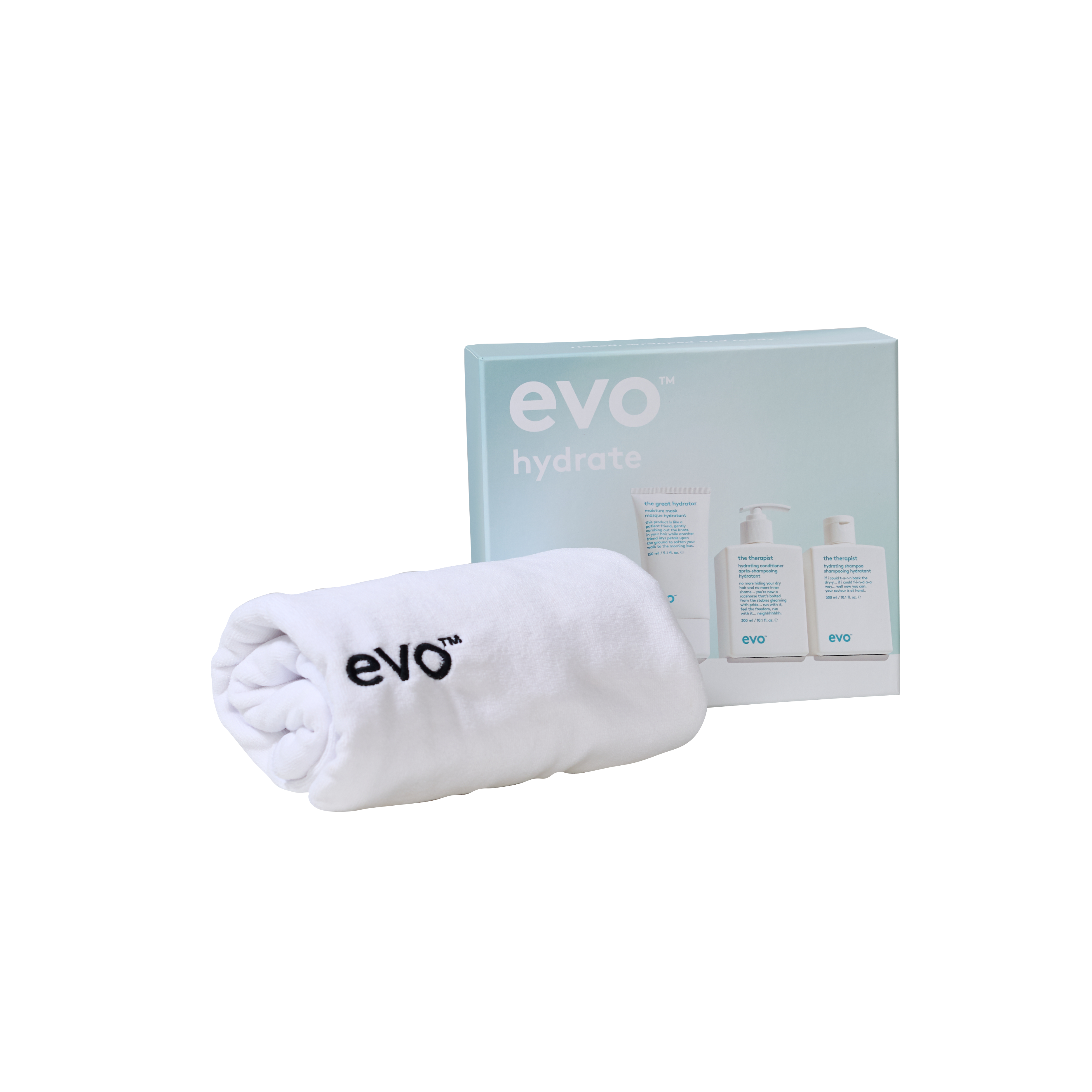 evo underwraps hydrate: the therapist šampūnas + kondicionierius + the great hydrator kaukė + plaukų rankšluostis