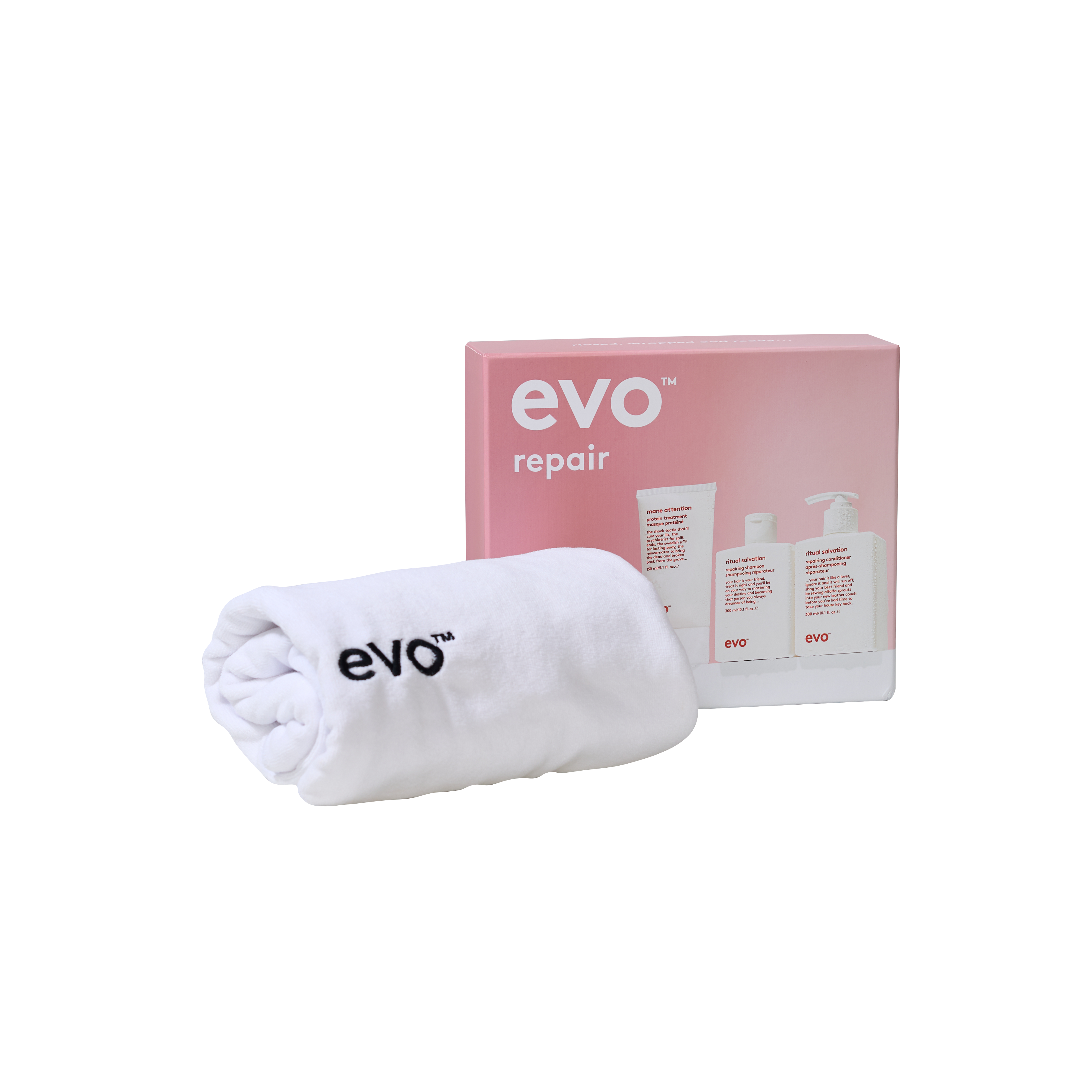 evo underwraps repair: ritual salvation šampūnas + kondicionierius + mane attention kaukė + plaukų rankšluostis