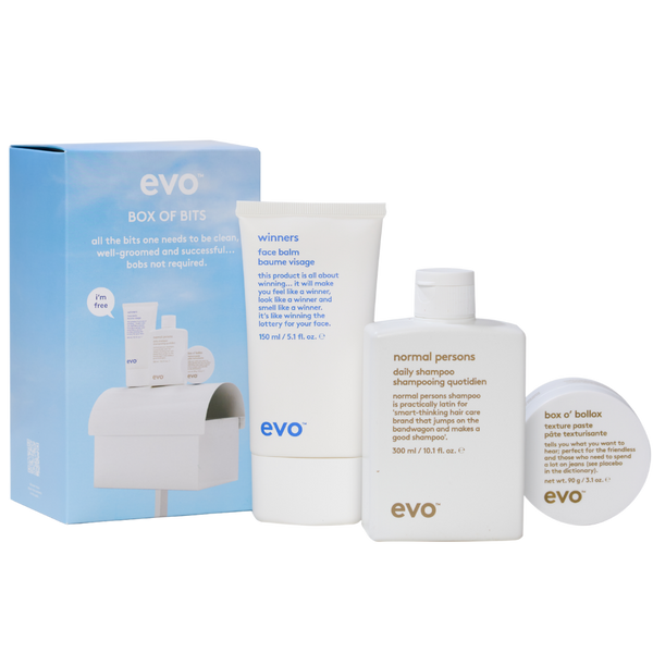 evo box of bits pack: normal persons šampūnas + winners veido balzamas + box o’bollox pasta